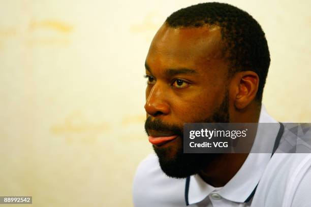 Cleveland Cavaliers Baron Davis attends an interview on July 12, 2009 in Beijing, China. Baron Davis and Shaquille O'Neal are on a promotional tour...