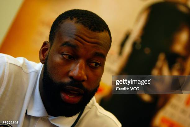 Cleveland Cavaliers Baron Davis attends an interview on July 12, 2009 in Beijing, China. Baron Davis and Shaquille O'Neal are on a promotional tour...