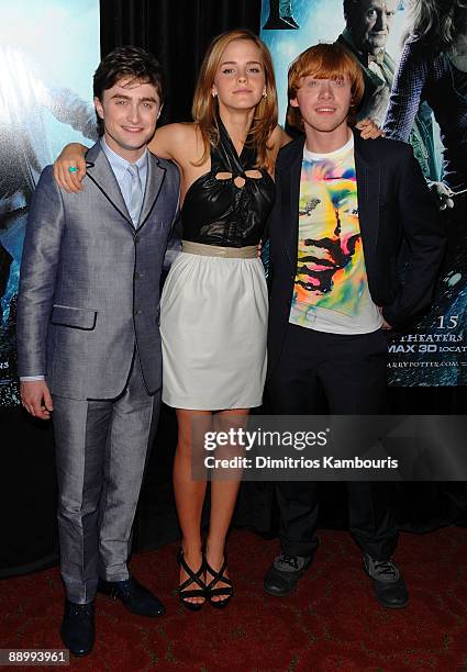 Actors Daniel Radcliffe, Emma Watson and Rupert Grint attend the "Harry Potter and the Half-Blood Prince" premiere at Ziegfeld Theatre on July 9,...