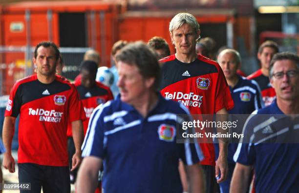 Sami Hyypia and Theofanis Gekas are seen ahead the Bundesliga team presentation of Bayer Leverkusen at Bayer Leverkusen training facility on July 13,...