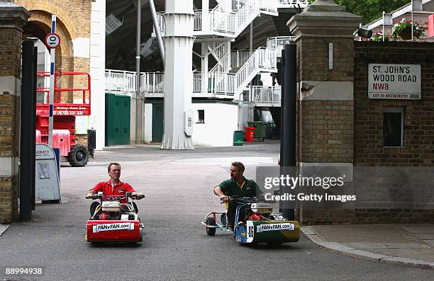 Ashes legends Jason 'Dizzy' Gillespie of Australia and Phil 'Tuffers' Tufnell of England drive out of the Lord's East Gate before the Betfair...