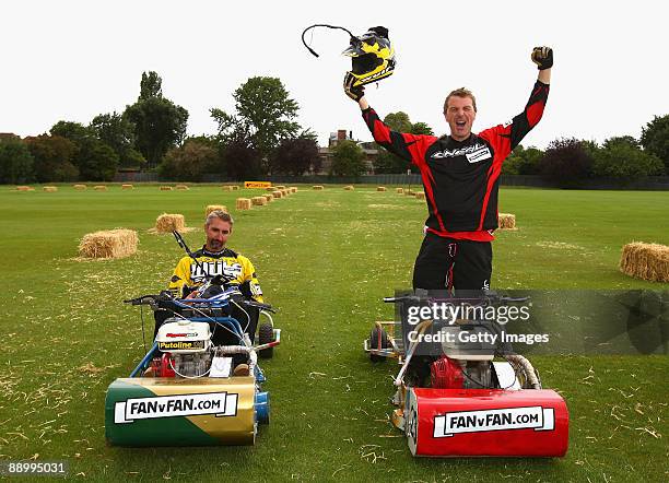 Ashes legend Phil 'Tuffers' Tufnell of England celebrates victory over Jason 'Dizzy' Gillespie of Australia after the Betfair Lawnmower Challenge at...