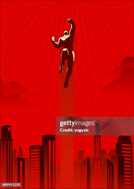 vector retro style illustration of a superhero flying upward - superhero shadow stock illustrations
