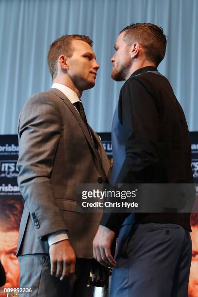 Jeff Horn and Gary Corcoran face off ahead of their WBO World Welterweight Championship fight on December 13. Fighters pose after a press conference...