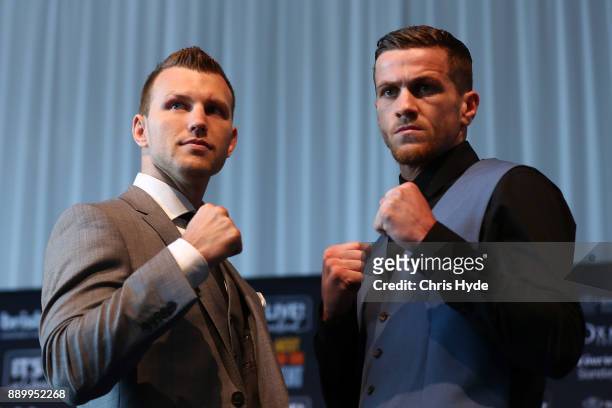 Jeff Horn and Gary Corcoran face off ahead of their WBO World Welterweight Championship fight on December 13. Fighters pose after a press conference...
