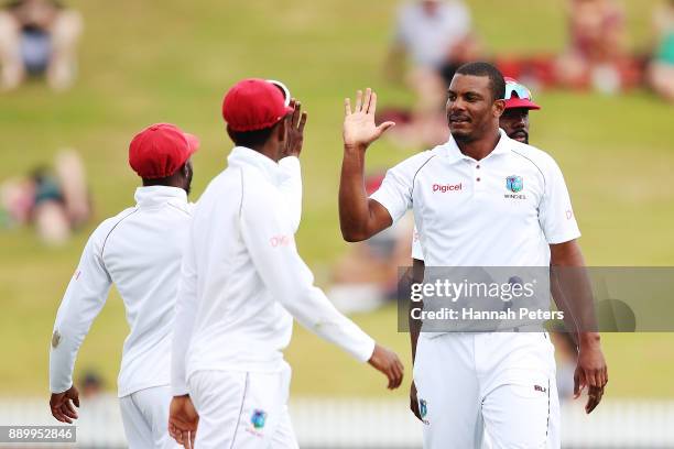 Shannon Gabriel of the West Indies celebrates after claiming the wicket of Tom Blundell of New Zealand during day three of the Second Test Match...