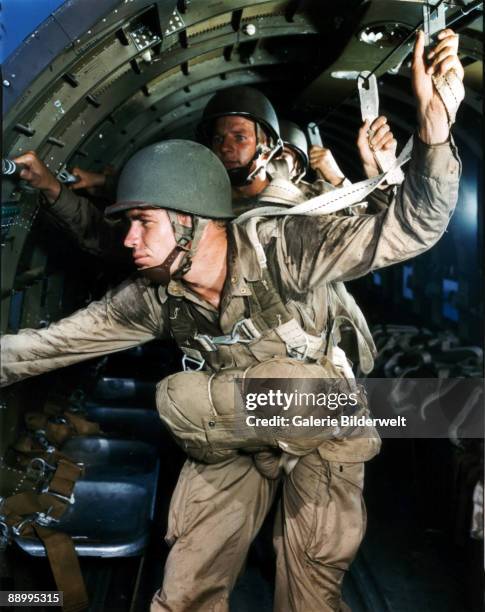 Paratroopers prepare to jump, circa 1943.