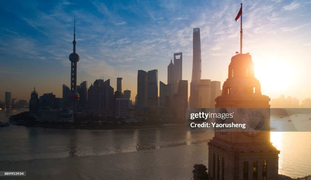Shanghai morning, bird view from bell tower building on the bund
