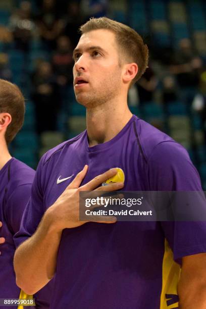 Travis Wear of the South Bay Lakers during the National Anthem before playing the Reno Bighorns during an NBA G-League game on Dec. 10, 2017 at the...