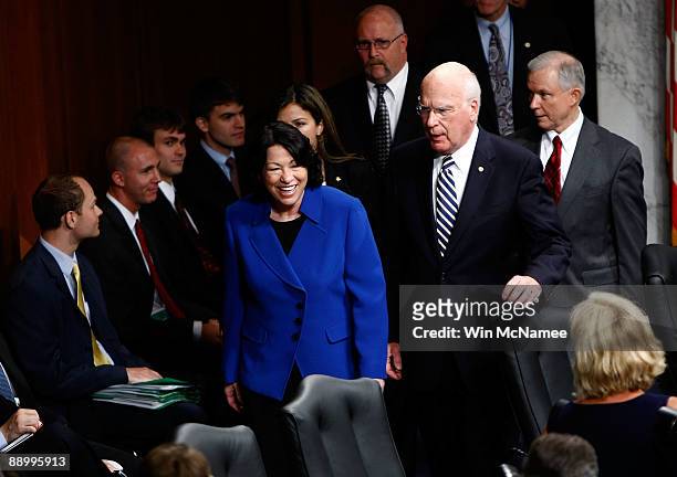 Supreme Court nominee Judge Sonia Sotomayor arrives for her confirmation hearing with ranking member Sen. Jeff Sessions and committee chairman Sen....