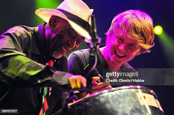 Singer Wouter Hamel and steel drummer Henry Ronde perform on stage during the second day of the North Sea Jazz Festival on July 11, 2009 in...