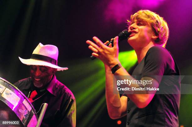 Singer Wouter Hamel and steel drummer Henry Ronde perform on stage during the second day of the North Sea Jazz Festival on July 11, 2009 in...