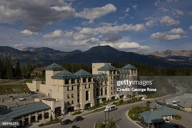 The Fairmont Chateau Lake Louise Hotel's new Mount Temple wing is seen in this 2009 Lake Louise, Canada, summer afternoon landscape photo.