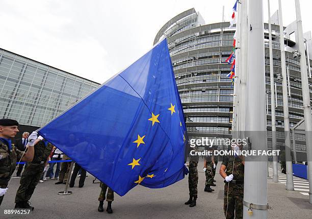 Soldiers of the a Eurocorps detachment set up the inaugural European Parliament session on July 13 in front of the European Parliament in Strasbourg....