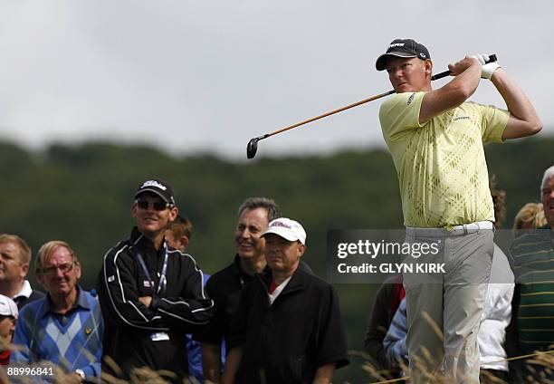 Australian golfer Daniel Gaunt tees off on the 8th hole during a practice round on July 13, 2009 ahead of the 138th British Open Championship at...