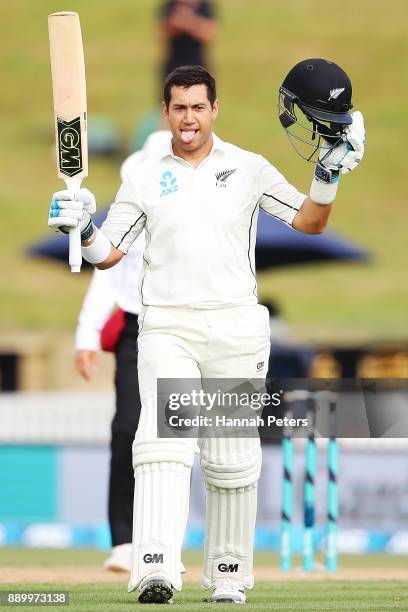 Ross Taylor of New Zealand celebrates after scoring a century during day three of the Second Test Match between New Zealand and the West Indies at...