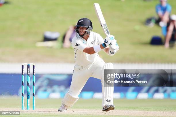 Ross Taylor of New Zealand drives the ball during day three of the Second Test Match between New Zealand and the West Indies at Seddon Park on...