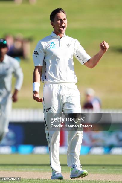 Trent Boult of New Zealand celebrates the wicket of Kieran Powell of the West Indies during day three of the Second Test Match between New Zealand...