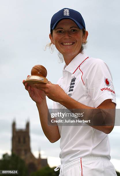 Charlotte Edwards of England with the Ashes trophy after the draw on the 4th day of England Women v Australia Women 1st Test Match played at New Road...