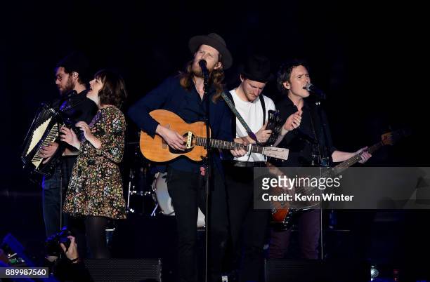 Stelth Ulvang, Neyla Pekarek, Wesley Schultz, Jeremiah Fraites, and Byron Isaacs of The Lumineers perform onstage during KROQ Almost Acoustic...