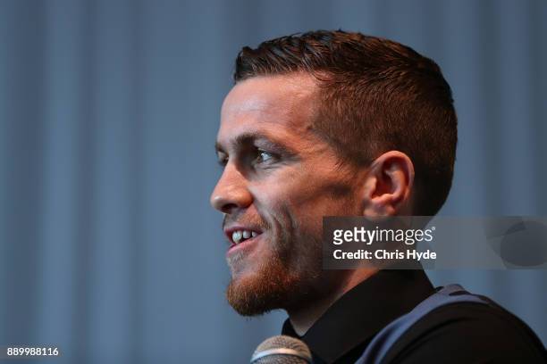 Gary Corcoran speaks to media during the official press conference ahead of the WBO World Welterweight Championship fight between Jeff Horn and Gary...