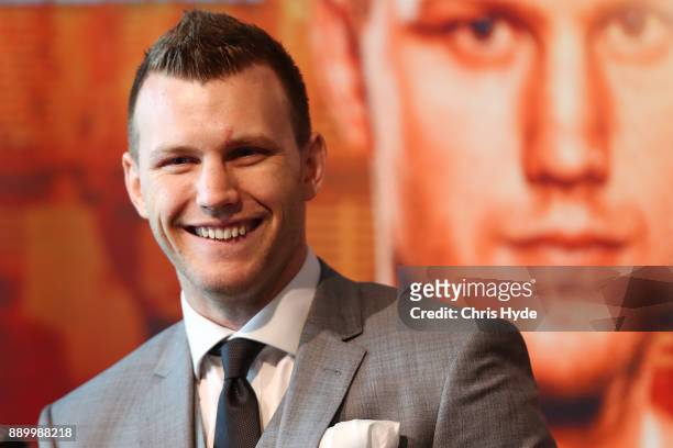 Jeff Horns peaks to media during the official press conference ahead of the WBO World Welterweight Championship fight between Jeff Horn and Gary...