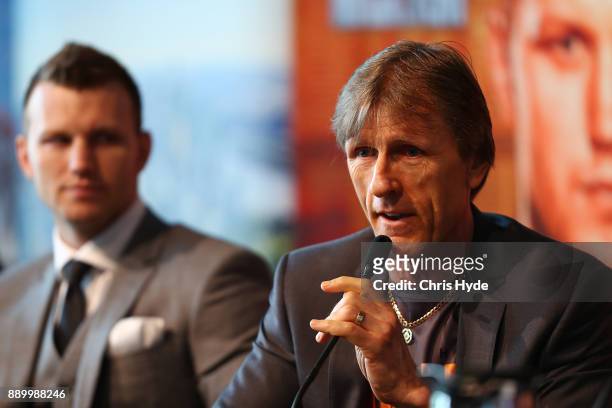 Jeff Horn and Trainer Glen Ruston speak to media during the official press conference ahead of the WBO World Welterweight Championship fight between...