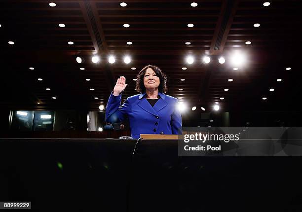 Supreme Court nominee Judge Sonia Sotomayor is sworn in during her confirmation hearing before the Senate Judiciary Committee July 13, 2009 in...