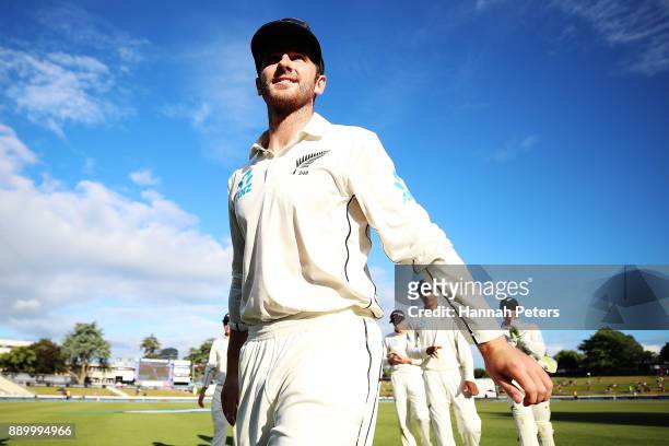 Kane Williamson of New Zealand leads the team off at the close of day three of the Second Test Match between New Zealand and the West Indies at...