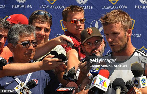 David Beckham is interviewed after his first training session for the Los Angeles Galaxy team since his return from AC Milan, at the Home Depot...
