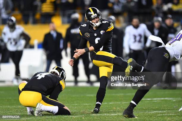 Chris Boswell of the Pittsburgh Steelers kicks a 46 yard field goal in the fourth quarter during the game against the Baltimore Ravens at Heinz Field...