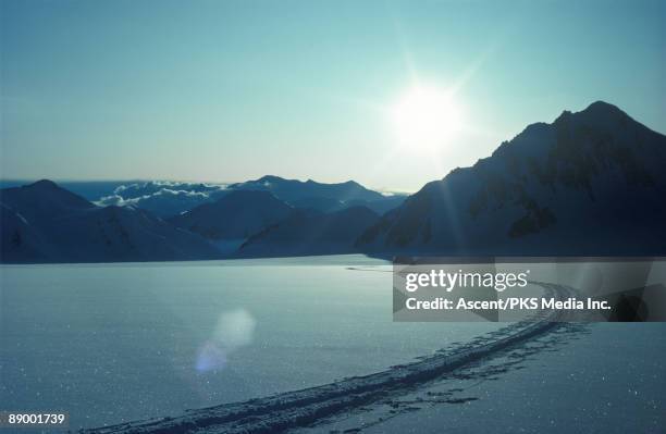 ski tracks lead across snowfield to distant mtns - cariboo stock pictures, royalty-free photos & images