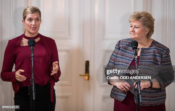 Norwegian prime minister Erna Solberg listens to Nobel Peace Prize laureate Beatrice Fihn , leader of ICAN prior to a meeting at her residence in...