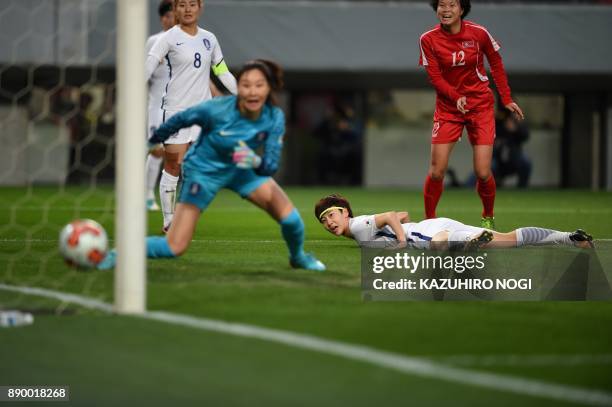 North Korea's forward Kim Yun Mi scores a goal past South Korea's goalkeeper Kim Jungmi during the women's football match between North Korea and...