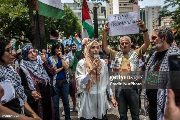 Protestors stage a demonstration against 'U.S. President Donald Trump's announcement to recognize Jerusalem as the capital of Israel', in Paulista...