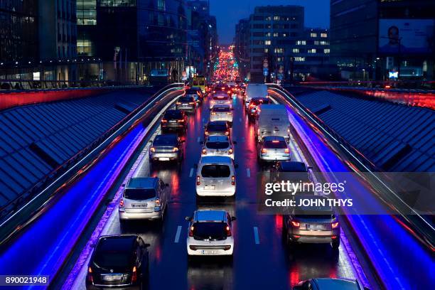 Picture show a traffic jam in Brussels on December 11, 2017. / AFP PHOTO / JOHN THYS