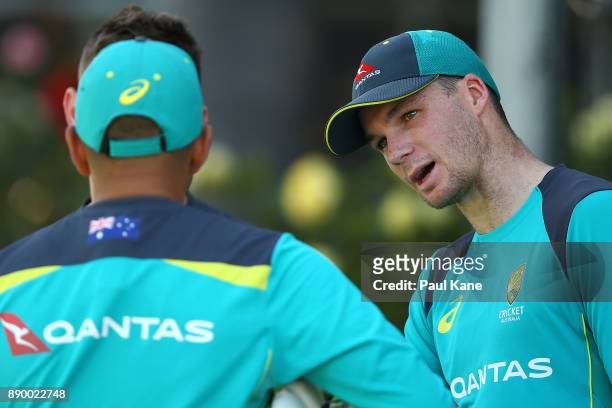 Peter Handscomb of Australia talks with Darren Lehmann, coach of Australia, during an Australian nets session at WACA on December 11, 2017 in Perth,...