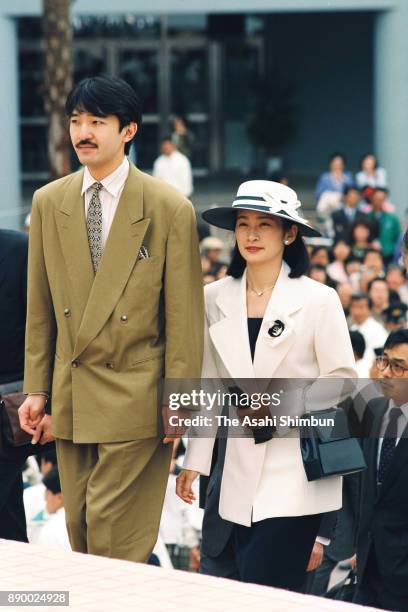 Prince Akishino and Princess Kiko of Akishino attend the opening ceremony of the Hakkeijima Sea Paradise on May 8, 1993 in Yokohama, Kanagawa, Japan.