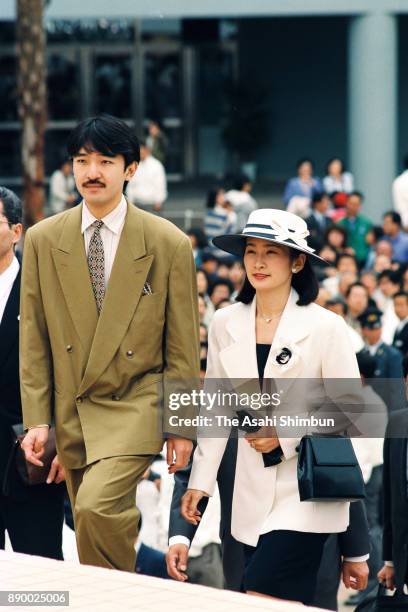Prince Akishino and Princess Kiko of Akishino attend the opening ceremony of the Hakkeijima Sea Paradise on May 8, 1993 in Yokohama, Kanagawa, Japan.