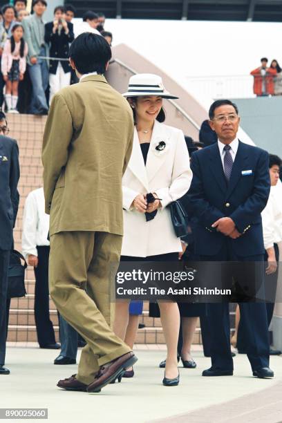 Prince Akishino and Princess Kiko of Akishino attend the opening ceremony of the Hakkeijima Sea Paradise on May 8, 1993 in Yokohama, Kanagawa, Japan.