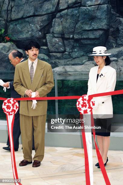 Prince Akishino and Princess Kiko of Akishino attend the opening ceremony of the Hakkeijima Sea Paradise on May 8, 1993 in Yokohama, Kanagawa, Japan.