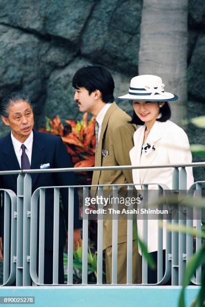 Prince Akishino and Princess Kiko of Akishino attend the opening ceremony of the Hakkeijima Sea Paradise on May 8, 1993 in Yokohama, Kanagawa, Japan.