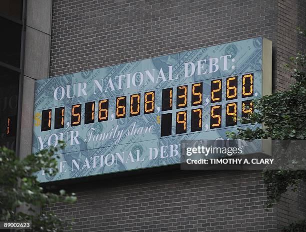 The National Debt Clock in midtown New York July 13, 2009 shows that the federal deficit has topped $1 trillion for the first time ever and could...