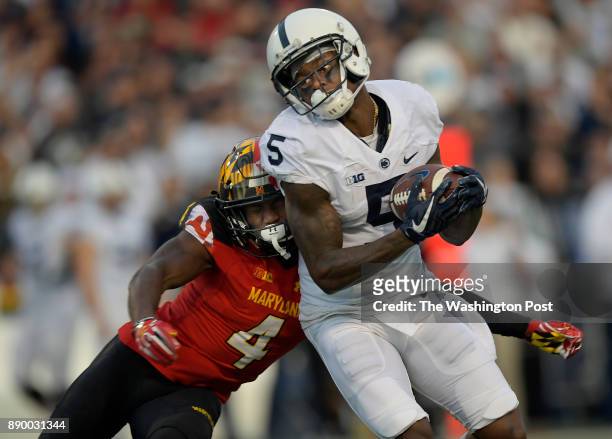 Penn State wide receiver DaeSean Hamilton is hot by Maryland defensive back Darnell Savage Jr. After catching a 2nd quarter pass as the Penn State...