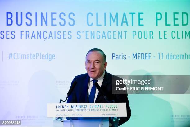 French Employers Association Medef's President, Pierre Gattaz addresses the French Business Climate Pledge event at the Medef headquarters on...