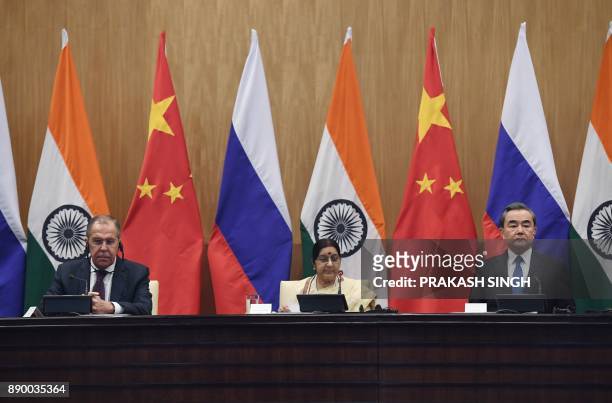 Russian Foreign Minister Sergey Lavrov , Indian External Affairs Minister Sushma Swaraj and Chinese Foregin Minister Wang Yi take part in a press...