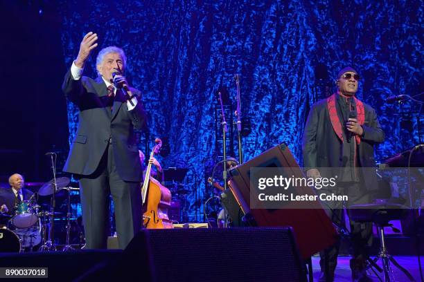 Tony Bennett and Stevie Wonder perform onstage during Stevie's 21st Annual House Full of Toys Benefit Concert at Staples Center on December 10, 2017...