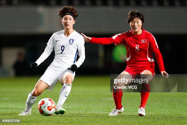 Kang Yumi of South Korea drives the ball during the EAFF E-1 Women's Football Championship between North Korea and South Korea at Fukuda Denshi Arena...