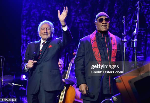 Tony Bennett and Stevie Wonder perform onstage during Stevie's 21st Annual House Full of Toys Benefit Concert at Staples Center on December 10, 2017...