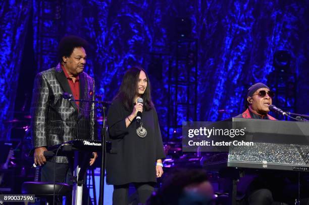 Stevie Wonder performs onstage during Stevie's 21st Annual House Full of Toys Benefit Concert at Staples Center on December 10, 2017 in Los Angeles,...